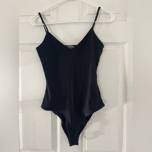 Black v neck spaghetti strap ribbed body suit
